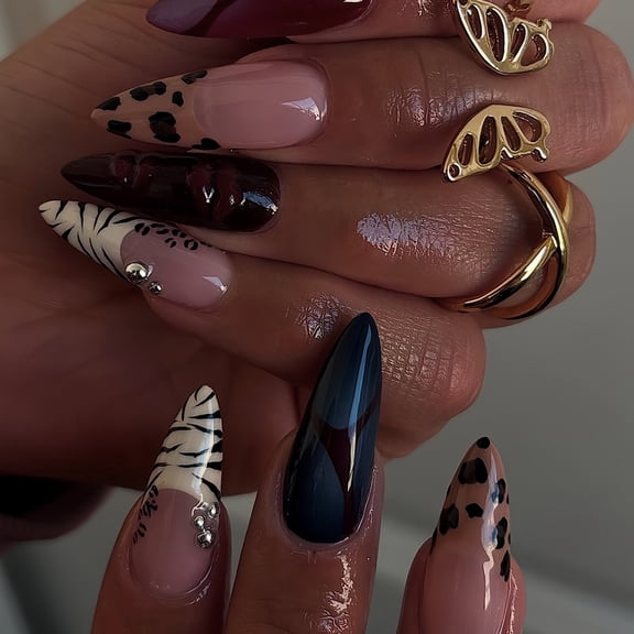 Cross-border hot sale almond fake nails long fashion leopard print three-dimensional water ripple broken diamonds embellished wearing nail pads