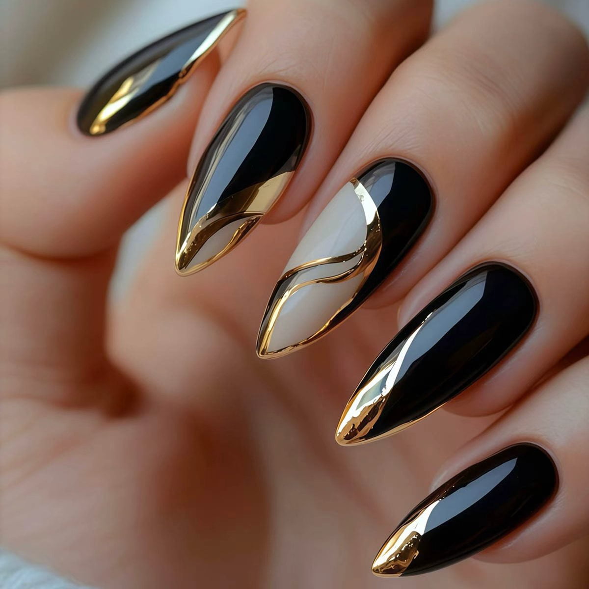 Cross-border hot sale almond fake nails pure desire black gold color scheme classic versatile wearing armor detachable finished product wholesale