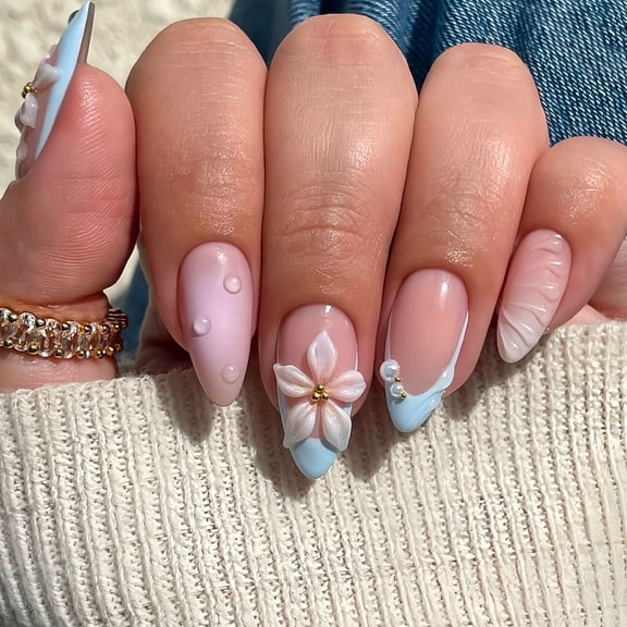 Cross-border hot sale almond-shaped fake nails 3D three-dimensional flowers cute water droplets water ripple design wearable armor removable