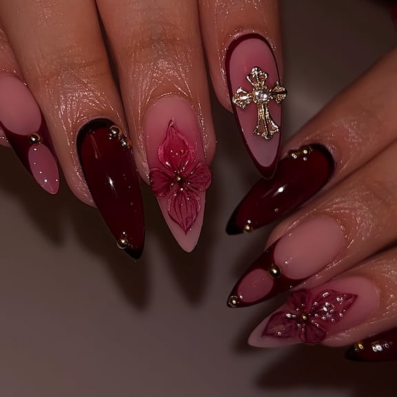 Cross-border hot sale almond-shaped fake nails pure desire flowers flash golden cross broken diamonds embellishment wearing armor wholesale