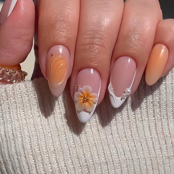 Cross-border hot sale, almond-shaped fake nails, sweet sunshine flowers, broken diamonds, pearls embellished, wearing armor, finished wholesale