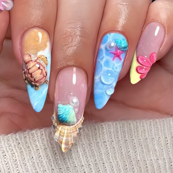 Cross-border hot sale almond-shaped wearing nail starfish shell European and American fake nails blue sweet cartoon marine creature