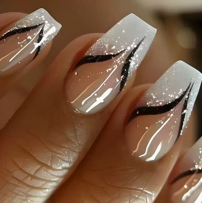 Cross-border hot sale ballet fake nails simple black striped design glitter embellishment wearing nail finished product wholesale