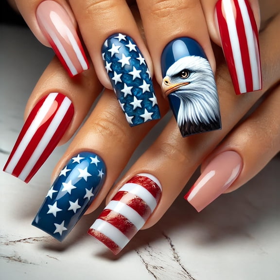 Cross-border hot sale ballet fake nails sweet cool style cartoon eagle striped stars independent day wear nail pads