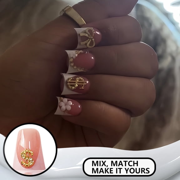 Cross-border hot sale duck beak fake nails French white edge flash gold bow flash diamond wearing nail finished product wholesale