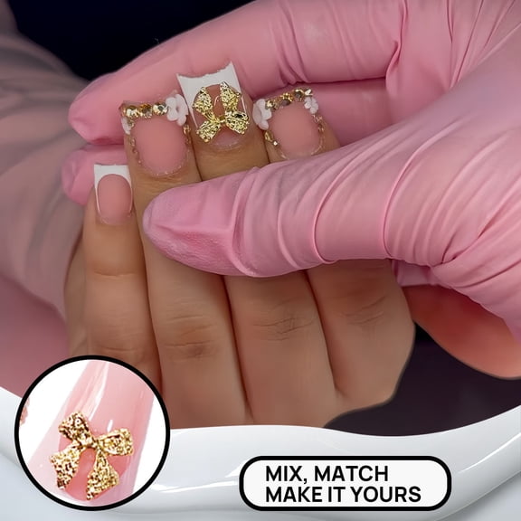 Cross-border hot sale duck beak fake nails French white edge texture fashionable gold bow wearing nail finished product wholesale