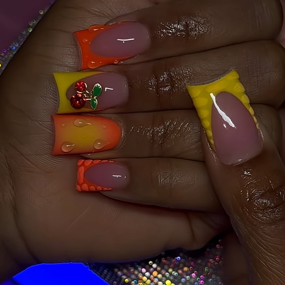 Cross-border hot sale duck beak fake nails sweet broken fruit cherry 3D three-dimensional water drop smudge wearing nail wholesale