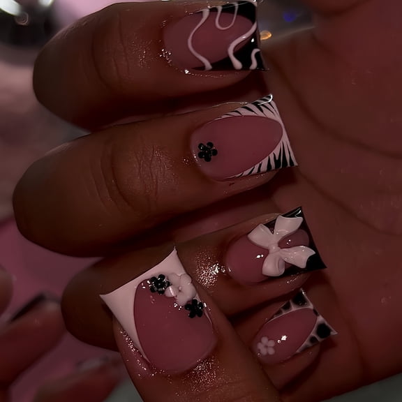 Cross-border hot sale duck bill fake nails sweet bow flower striped design youth sweet wearing nail wholesale