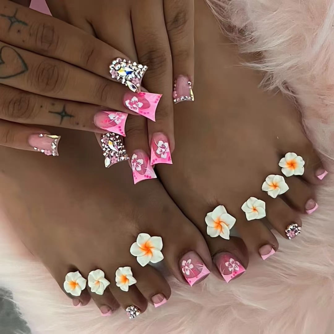 Cross-border hot sale duck bill hand and foot set fake nails flash full of diamonds flower printing design nail piece finished product wholesale