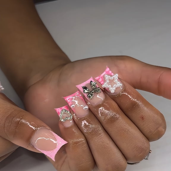 Cross-border hot sale duck mouth fake nails cute star bow wearing nail removable fake nail finished product wholesale
