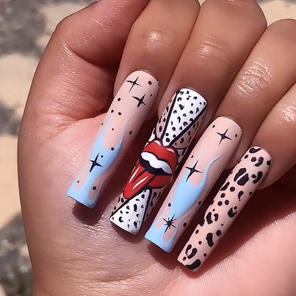 Cross-border hot sale long French fashion leopard print lips graffiti wearing armor removable fake nail finished product wholesale