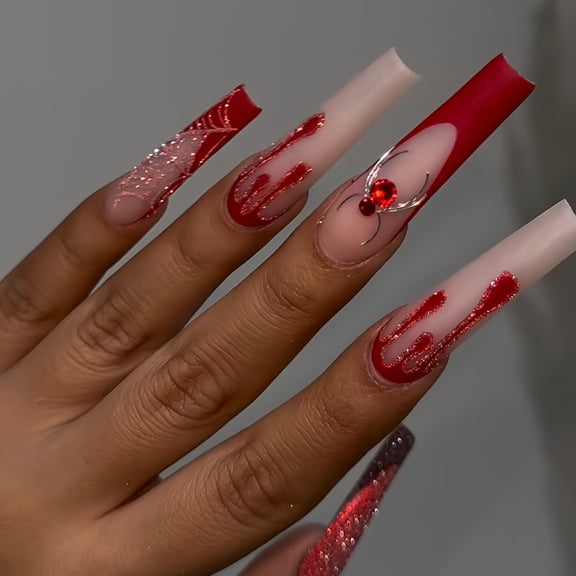 Cross-border hot sale long ballet fake nails pure red spider net blood drop element flash diamond embellishment wearing nail piece