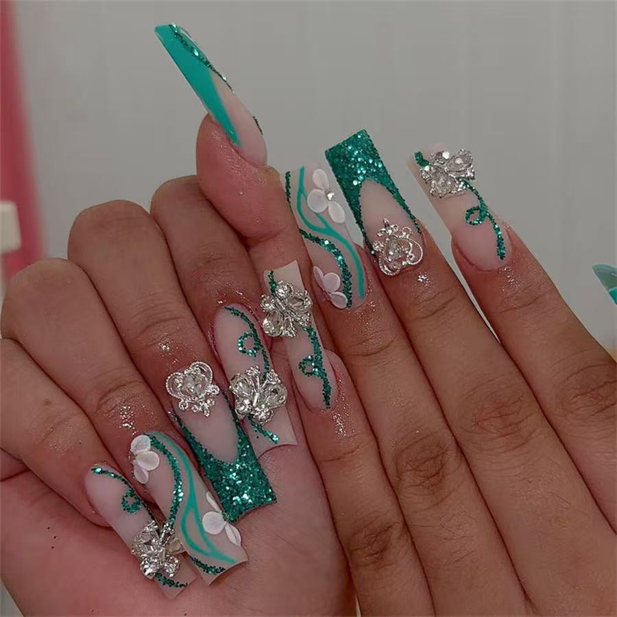 Cross-border hot sale long square fake nails fashion flash love butterfly flash diamond glitter embellishment wearing nail wholesale
