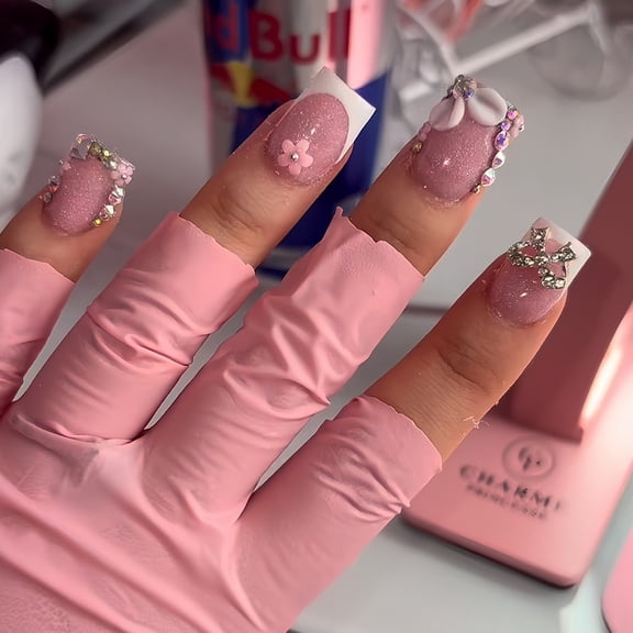 Cross-border hot sale square fake nails French white edge cute flower texture silver bow nail piece finished product wholesale