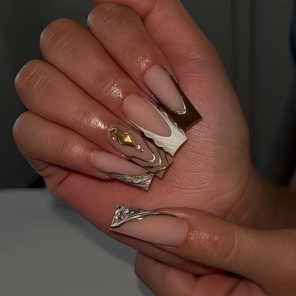 Cross-border hot sale square fake nails French white edge smudging flash prism rhinestone wearing nail piece finished product wholesale