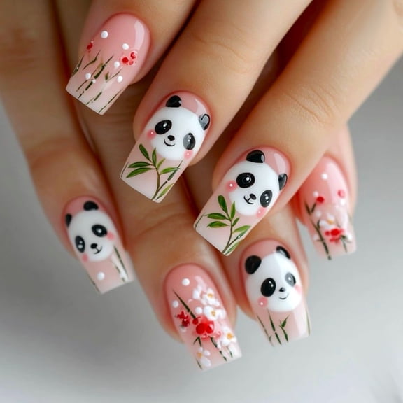 Cross-border hot sale square fake nails cute panda graffiti plant flowers wearing armor removable finished product wholesale