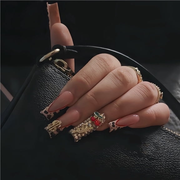 Cross-border hot sale square fake nails long flash diamonds cute cherry leopard print design wearing armor finished product wholesale