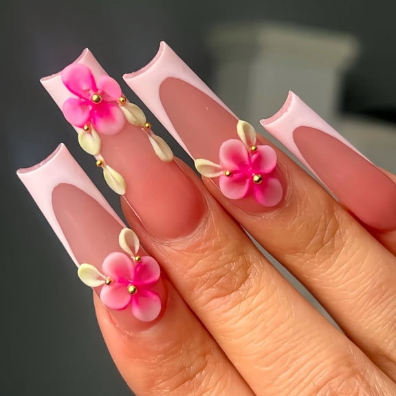 Cross-border hot sale square fake nails long white edge cute sweet flower broken diamond point wearing nail finished product wholesale