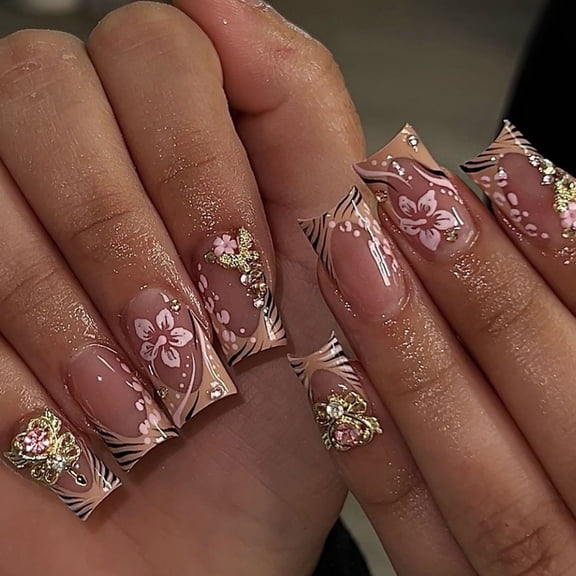 Cross-border hot sale square fake nails luxury gold butterfly stripe design wearable nail piece detachable finished product wholesale