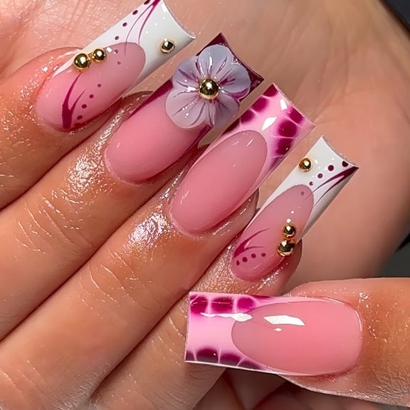 Cross-border hot sale square fake nails mid-length French white edge sweet flower broken diamond design nail finished products wholesale