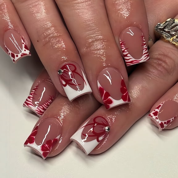 Cross-border hot sale square fake nails short white edge fashion red striped design wearing nail nail finished product wholesale
