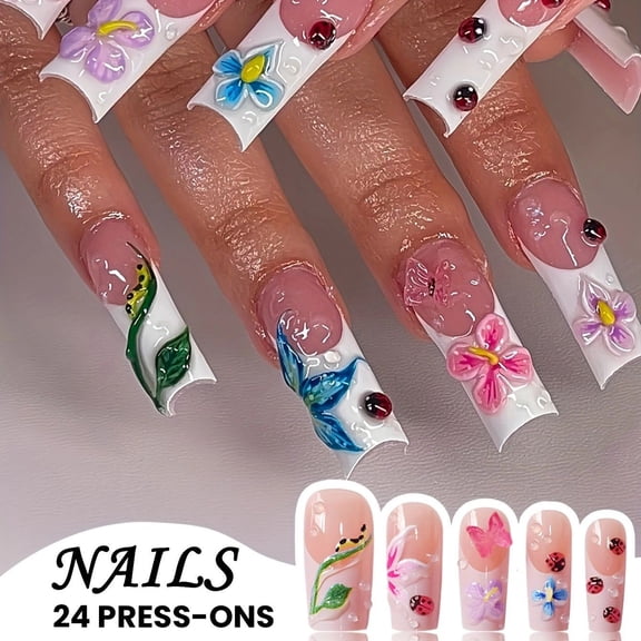 Cross-border hot sale square fake nails small fresh insects flowers three-dimensional butterfly wearing armor removable finished product wholesale