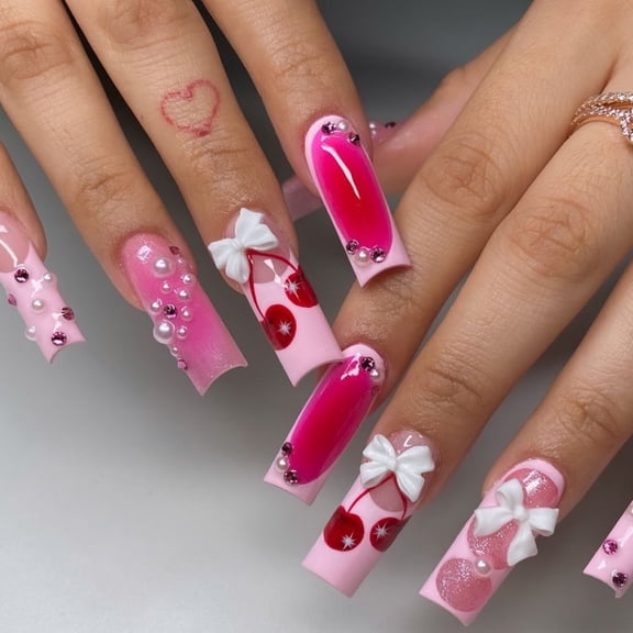 Cross-border hot sale square fake nails sweet and cute bow cherry pure desire pearl embellishment nail piece finished product wholesale