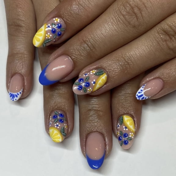 Cross-border hot-selling French blue wearing nail fresh fruit lemon manicure fake nail short short round nail wholesale