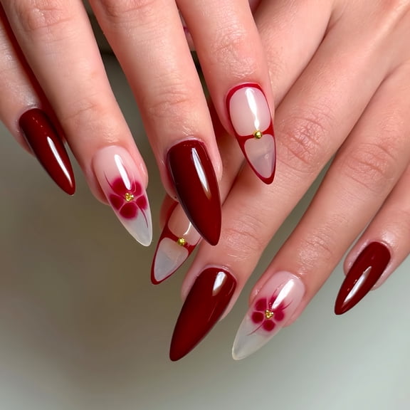 Cross-border hot-selling almond-shaped fake nails, classic solid color, cute flowers, broken diamonds embellished, wearing nail, finished product wholesale
