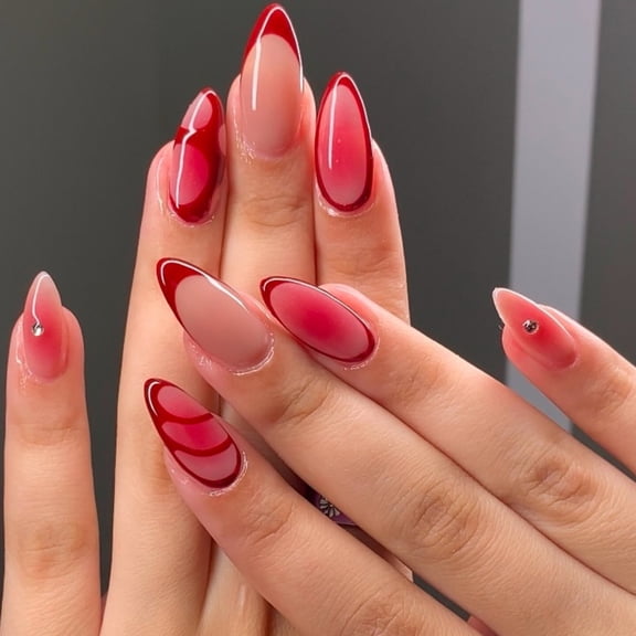 Cross-border hot-selling almond-shaped fake nails, red series, pure desire wind stripes, broken diamonds, simple and fashionable design, finished product wholesale