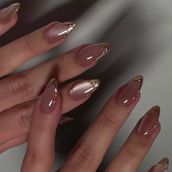 Cross-border hot-selling almond-shaped fake nails, reflective cat's eye, gold-textured stroking, wearable armor, removable finished product wholesale