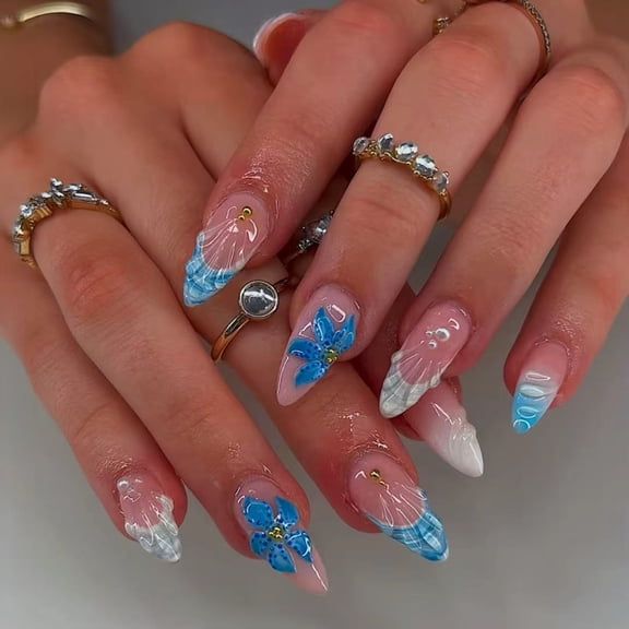 Cross-border hot-selling almond-shaped fake nails, sweet and cool blue, pure desire pearl shell, three-dimensional corrugated design, wearing armor