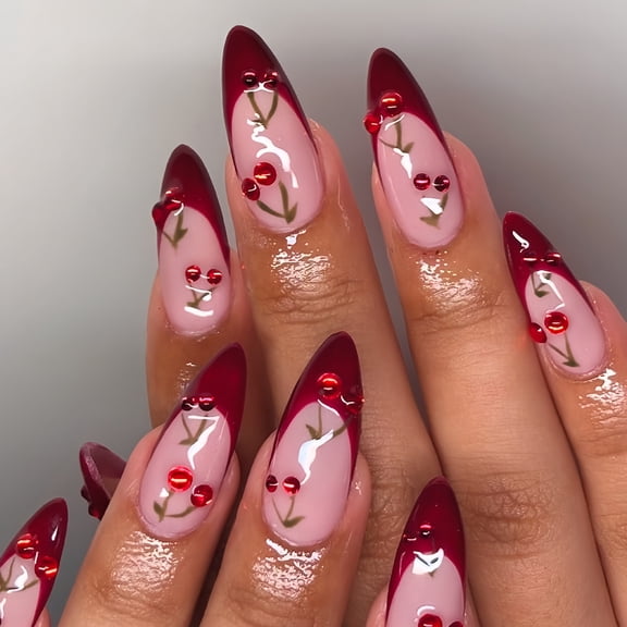 Cross-border hot-selling almond-shaped fake nails, sweet and cute fruits, cherries, wearing armor, removable nail pieces, finished products wholesale