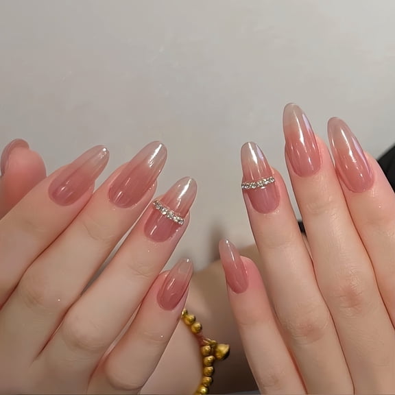 Cross-border hot-selling almond-shaped fake nails, sweet nude reflective glossy flash diamonds embellished wearing nail finished product wholesale