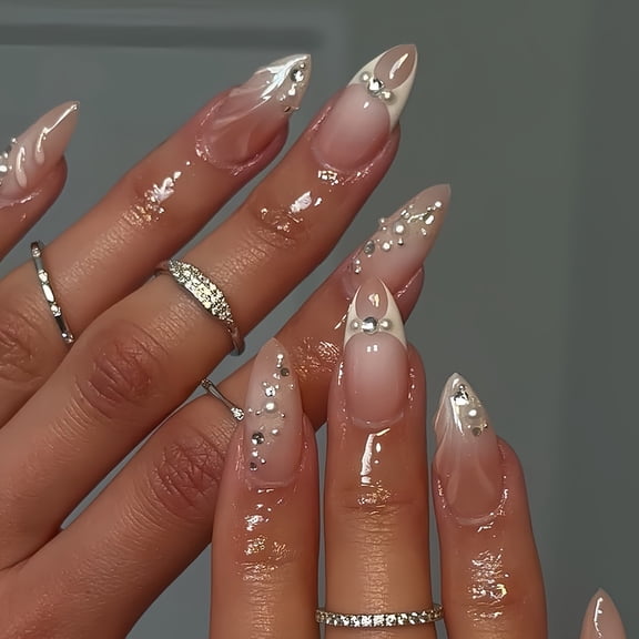 Cross-border hot-selling almond-shaped fake nails, white pure desire wind pearl broken diamonds embellished wearing nail pieces, finished product wholesale