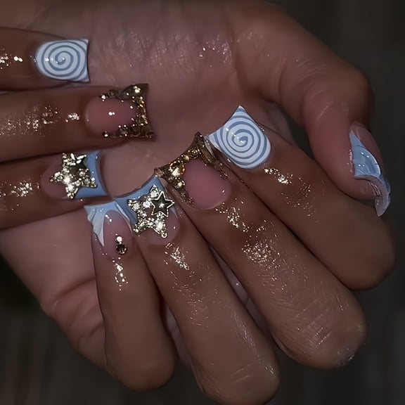Cross-border hot-selling blue sweet and cool vortex texture flash stars flash diamond design wearing nail fake nail finished product wholesale