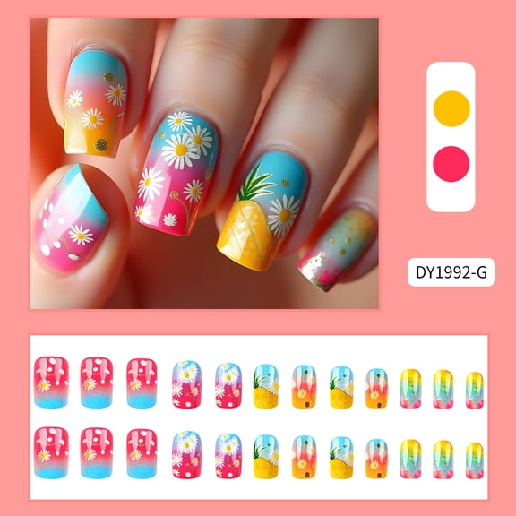 Cross-border hot-selling chrysanthemum pineapple wearing nail, summer fresh wind manicure, flat head nail 24 pieces, finished nail patch