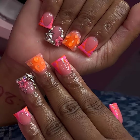 Cross-border hot-selling duck-beaked fake nails 3D three-dimensional water drop star-shaped flash diamonds sweet and cute fake nail pieces wholesale