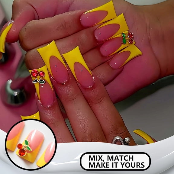 Cross-border hot-selling duck-beaked fake nails, cute flash cherries, flash diamonds, wearable armor, removable nail pieces, finished products wholesale