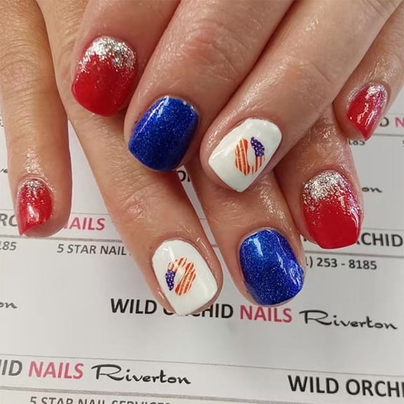 Cross-border hot-selling short square nail blue and red glitter lip print fake nail American Independence Day European and American wearing armor 24 pieces