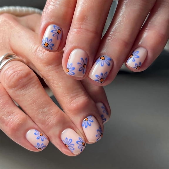 Cross-border nail stickers blue floral fake nail sheets finished wearable nails 24 pieces detachable nail sheets spring and summer nails
