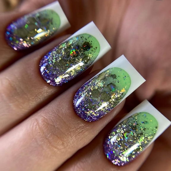 Cross-border popular fashionable white French manicure emerald green flash manicure removable wearable nail fake nail nail piece