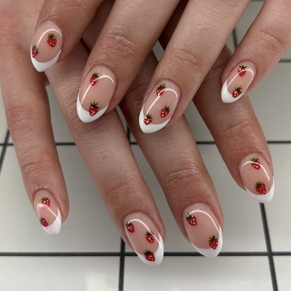 Cross-border wearing nail French white edge manicure nail piece short almond fake nail sweet strawberry wearing nail piece
