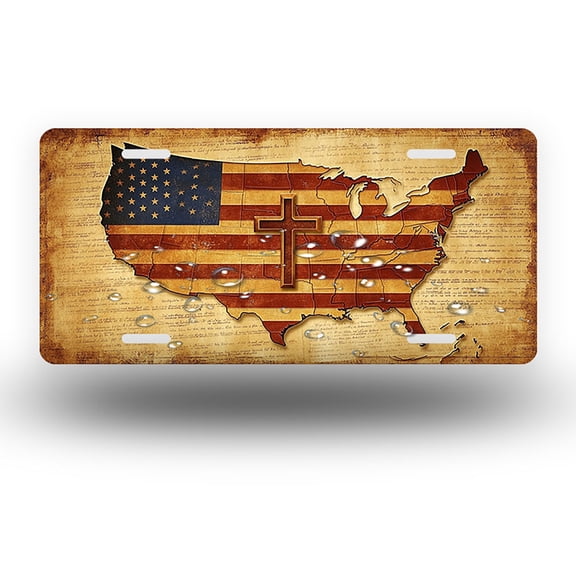 Cross centered American Map with Flag Pattern Front License Plate, Funny Standard Plates Personalized Novelty Decorative For Men/Women/Boys/Girls Car 6×12 Inch