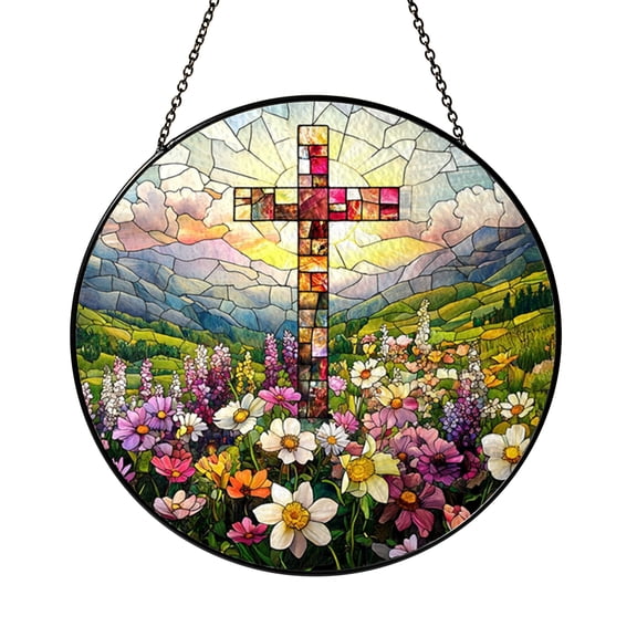 Cross floral stained style hanging, faith themed window decoration gift