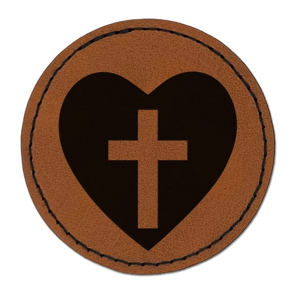 Cross in Heart Christian 2.5" Faux Leather Round Engraved Iron-On Patch - Brown