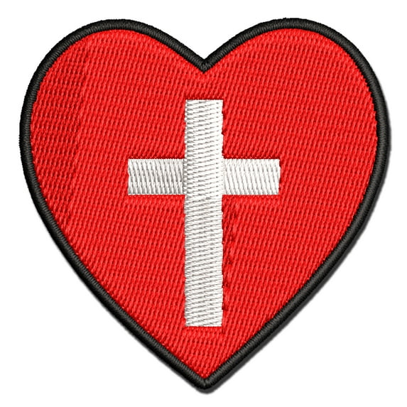 Cross in Heart Christian Applique Multi-Color Embroidered Hook & Loop Patch - 2.0 Inch Mini