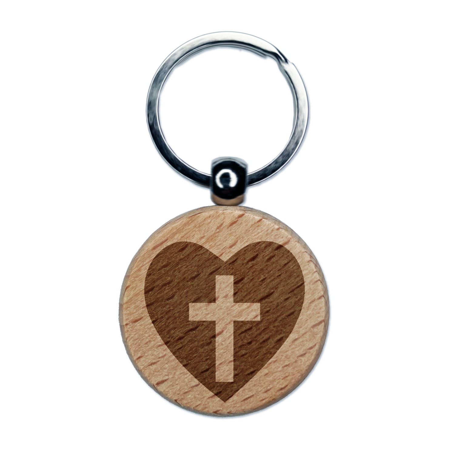 Cross in Heart Christian Round Keychain Charm Tag - Engraved Wood ...