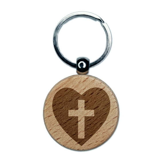 Cross in Heart Christian Round Keychain Charm Tag - Engraved Wood