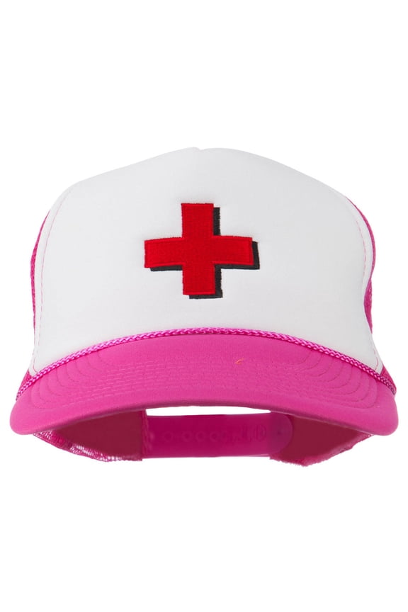 Cross in Red Logo Embroidered Foam Mesh Cap - Hot Pink White OSFM